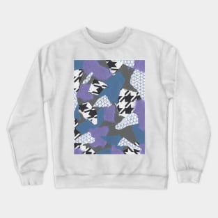 Houndstooth and Hard Edges - Black, White, Purple, Blue - Abstract Mixed Torn Paper Collage Crewneck Sweatshirt